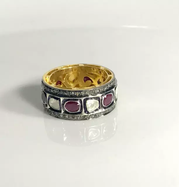 Natural Ruby & Rose Cut Polki Diamond Ring 925 Stering Silver Ruby Band Ring 2