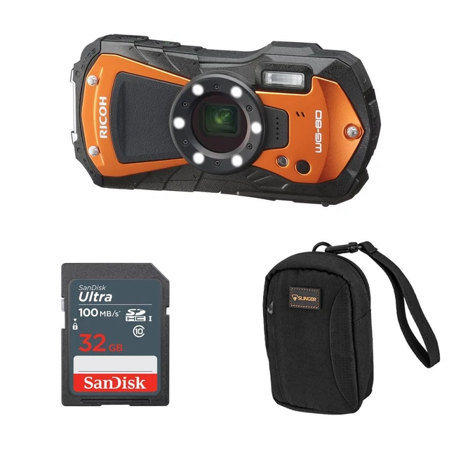 Ricoh WG-80 Waterproof Digital Camera, Orange with 32GB SD Card, Case #03128 A