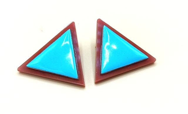 Boucles D'oreilles Clips Christel - Triangle Plastique Et émail Bleu - Style Années 80 - Parfait état