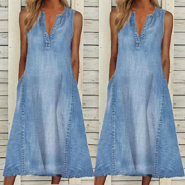 Lady Jean Dress Solid Color V Neck Sleeveless Blue Denim Summer Casual Loose New 2