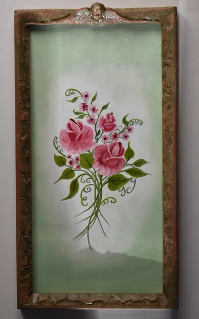 Folk Art Oil Painting in Gesso Antique Wood Cherub Frame Artist Sold