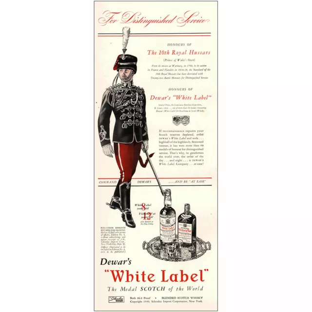 1941 Dewars White Label: 10th Royal Hussars Vintage Print Ad