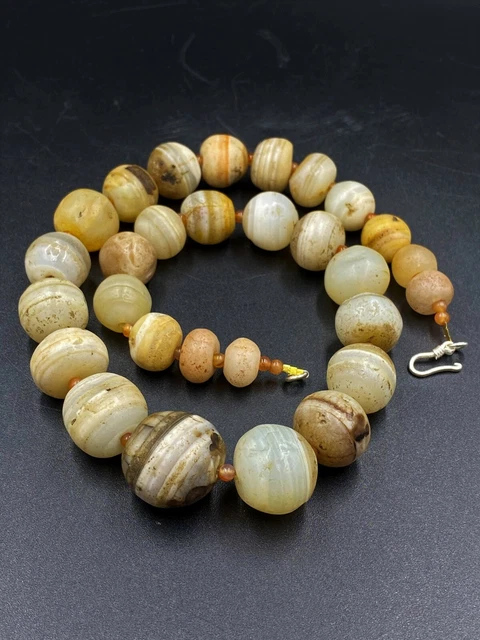 Old Ancient Antique Himalayan Indo Tibetan Solumani Banded Beads Mala Necklace