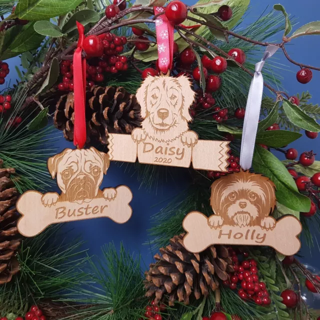 Personalised Dog Christmas Tree Hanger, Many Breeds, Puppy Name Xmas Decoration