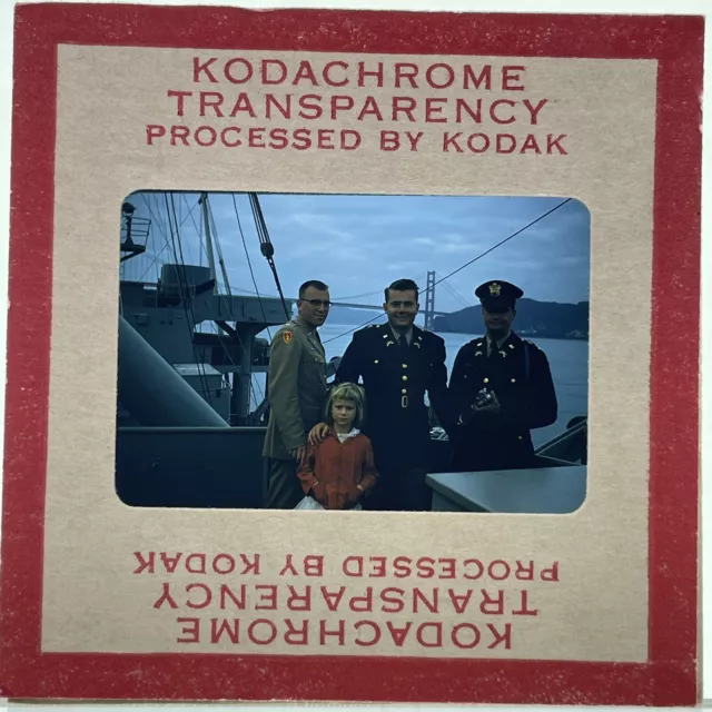Red Kodachrome 35mm Slide 1950s Soldiers Aboard a Ship in San Francisco Bay