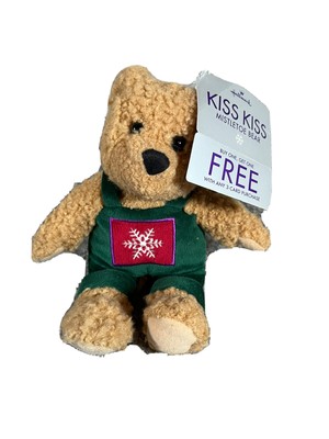 Hallmark Kiss Kiss Mistletoe Bear Brown Green Overalls Magnetic Nose Plush