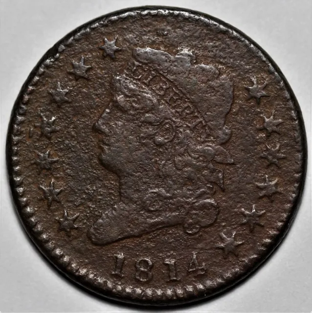 1814 Classic Head Large Cent - Crosslet 4 - Corrosion - US 1c Copper Penny - L39