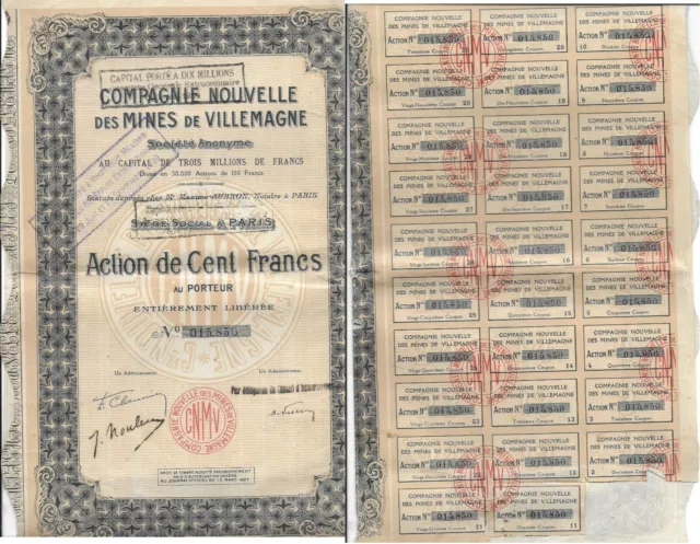 France action de cent francs compagnie nouvelle des mines de villemagne