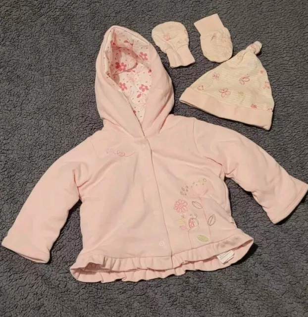 Baby Girls Bundle 0-3 Months. Soft Padded Jacket Hat Mits Marks & Spencer