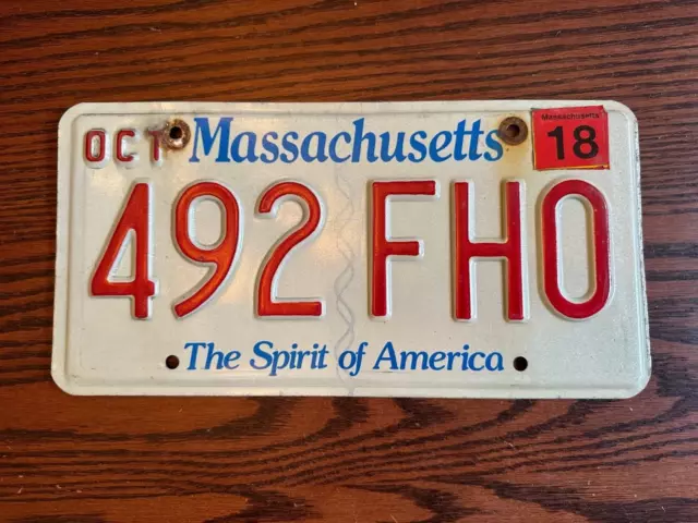 2018 Massachusetts License Plate 492 FHO Spirit of America MA USA October Metal
