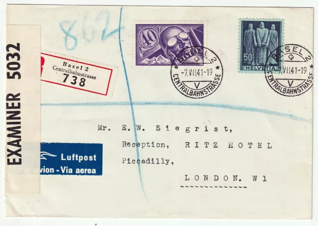 Schweiz Luftpost-R-Brief Basel - London 1941, Zensur