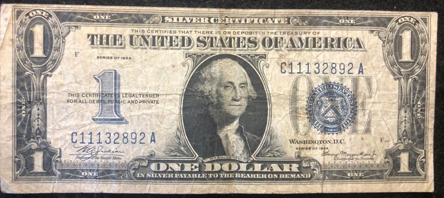1934 Silver Certificate $1 One Dollar Note Bill Currency Funny Back