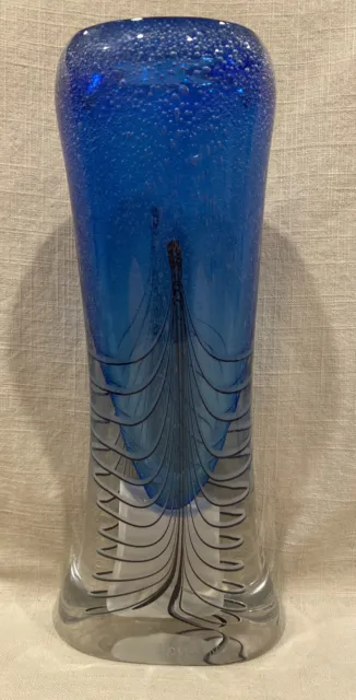 Vintage Blue Art Glass Vase by Adam Jablonski Signed 12 3/4”, Handblown