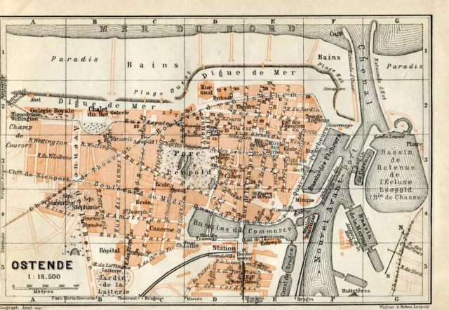 Ostend Belgium Original Antique Map 1910 Europe Town Plan Carte 