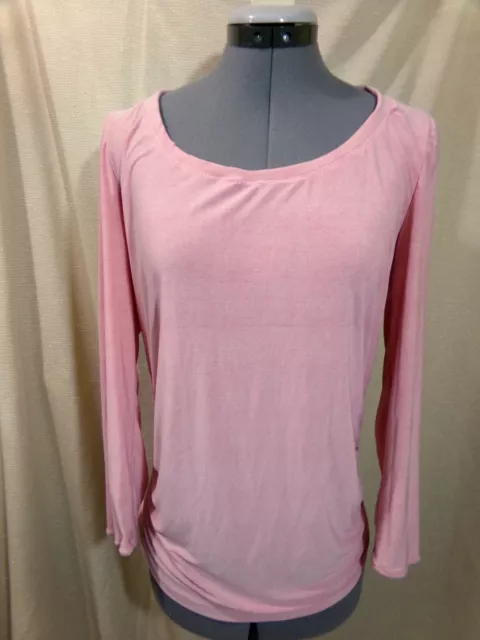 New Ruched sided T-shirt Top S Rosey pink stripe Slinky fabric Scoop neck blouse