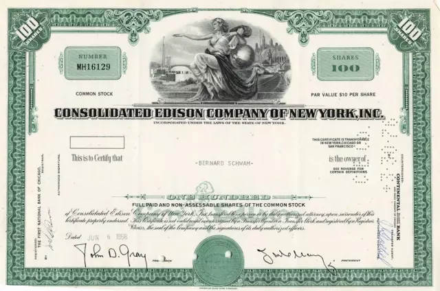 STOCK CERTIFICATE 1968  / 100 shares CONSOLIDATED EDISON CO  NEW YORK INC GREEN