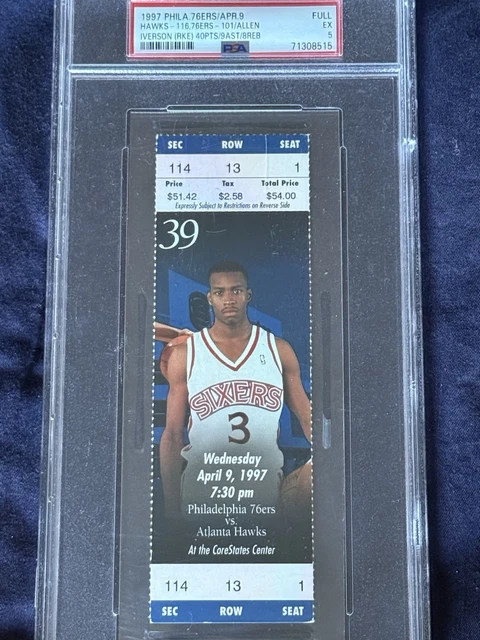RARE 1996-97 ALLEN Iverson 76ers RC Full NBA Ticket 40pt Game PSA