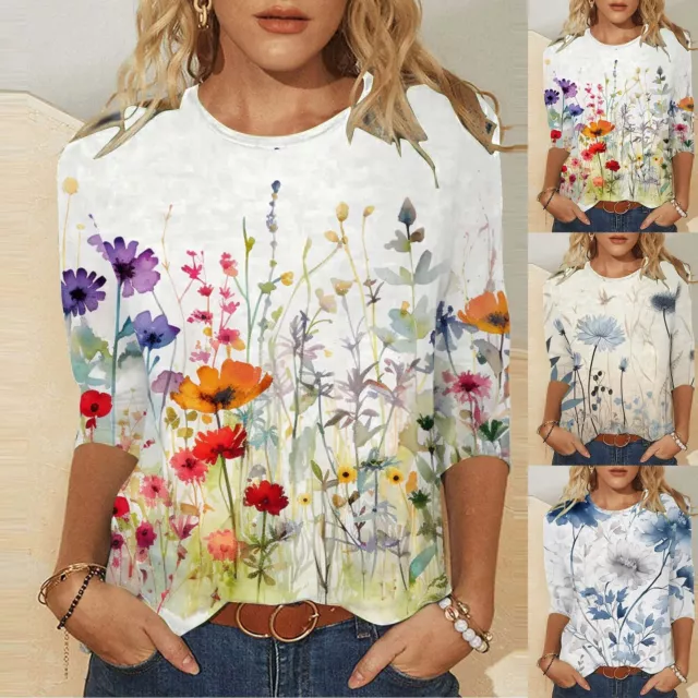 Womens Summer Casual Tops Three Quarter Sleeve Crew Neck Vintage Print Graphic