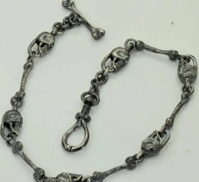 Victorian Pocket Watch Chain Fob Sterling Silver MEMENTO MORI SKULLS Bones 26cm