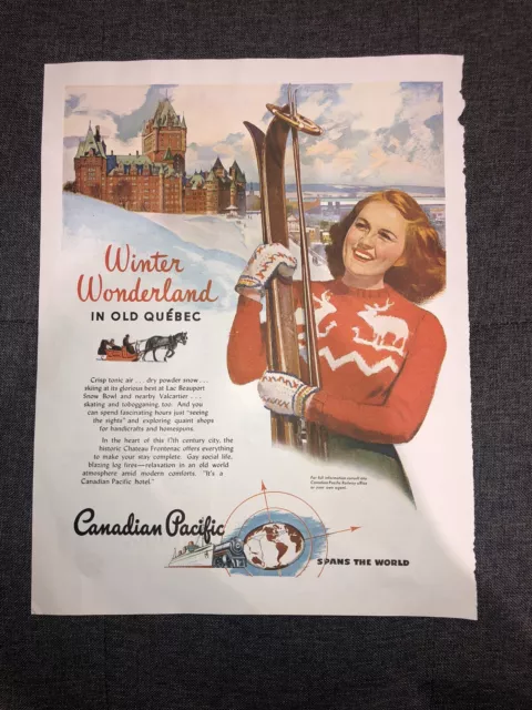 Vintage 1946 Canadian Pacific Railroad Quebec City Le Chateau Frontenac Ski Ad