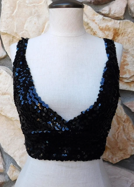 VTG 1980's 1990's Sequin Crop Black Disco Dance Top SEXY RETRO