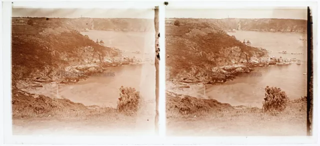Paysage bord de la mer Photo c1920 Plaque de verre K4n19 Stereo Vintage
