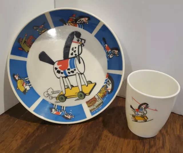 Vintage Ornamin Melamine Childrens Plastic Bowl And Cup Set Rocking Horse 6.5 In