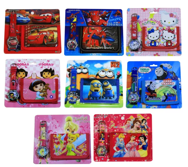 New Kids Trifold Wallet + Watch Dora Spiderman Disney Cars Tinkerbell Minion Toy