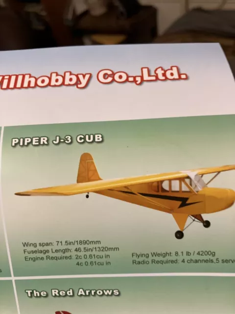 NOS Willhobby 71” Piper Cub  ARF Balsa R/c Model airplane Untouched