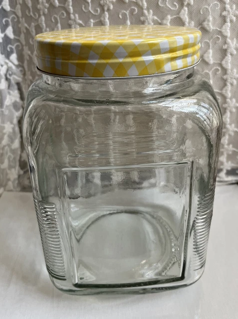 VTG Hoosier Style Jar 1 Gallon Storage Canister Square Glass Yellow Plaid Lid