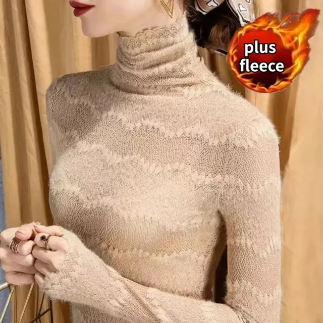Donna Pizzo Camicia Camicetta Dolcevita Top Manica Lunga Cavo Puro Polvere Nuovo