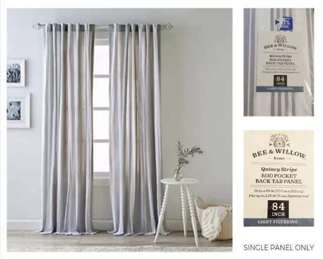 Bee & Willow Curtain Panel Quincy Stripe Grey White Rod Pocket Back Tab 50x84"