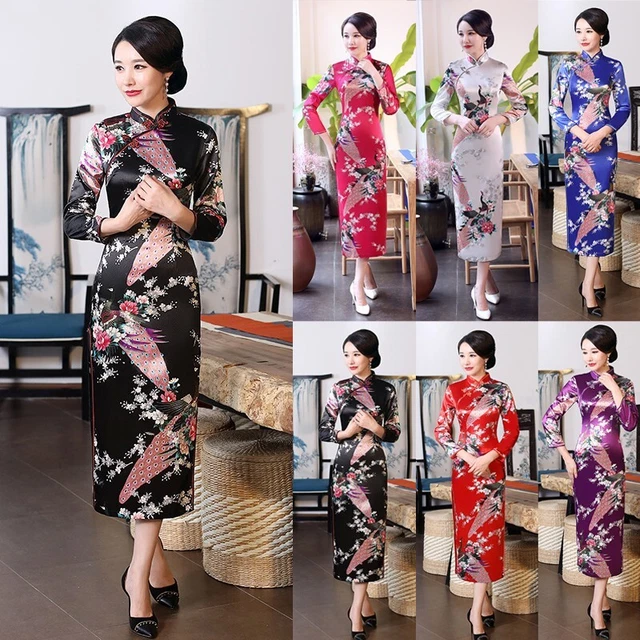 Abito da donna Cheongsam donna stampato Cheongsam abito formale collare in piedi