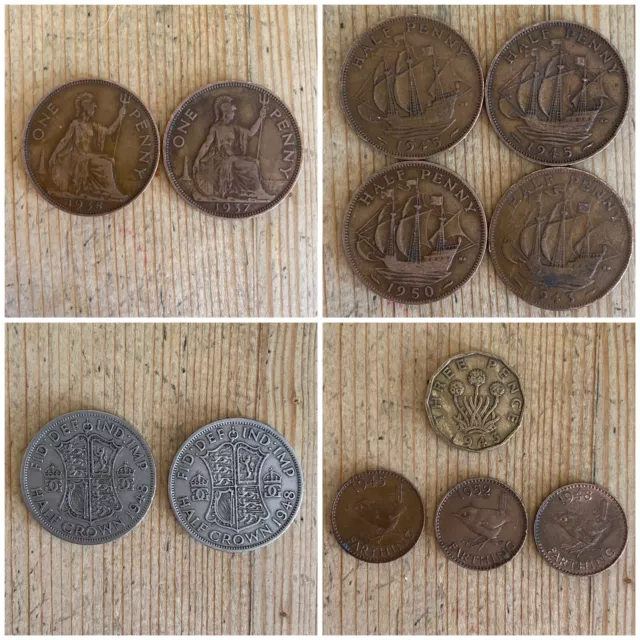 Job Lot George VI Coins,  Half Crown Farthing Penny Three Pence