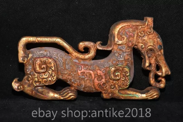 6.4" Old Chinese Jade Carved Han Dynasty Gild Lion Beast Statue Amulet Pendant