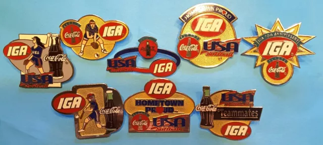 Coca-Cola & IGA Store 1995-96 Pins, 7 USA Softball Teams + 70th Anniversary, 8