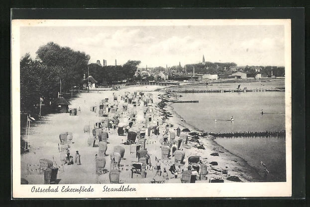 AK Ostseebad Eckernförde, Strandleben aus der Vogelschau 1938