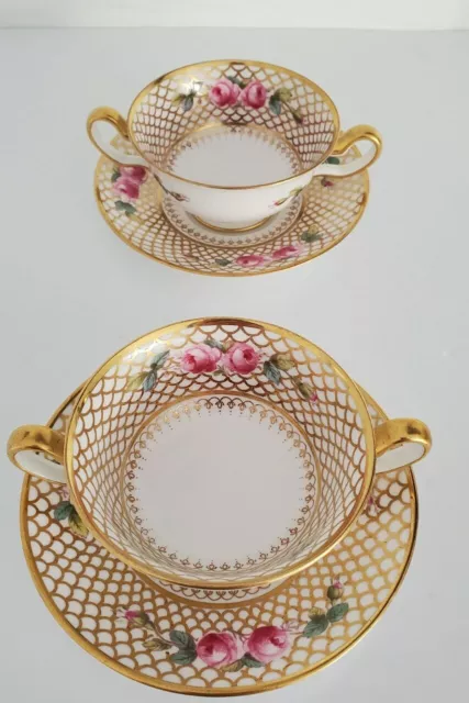 2 Antique COPELAND SPODE Bouillon Cups & Saucers PINK ROSES Gold Trim As Is