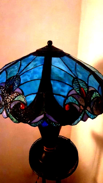 LARGE BLUES/GREENS  Tiffany STYLE Stained Glass Lamp Shade ONLY Vintage 17''