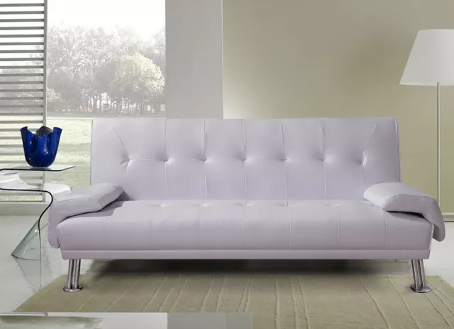 Divano Letto Sofa' 3 Posti Reclinabile Ecopelle Bianco Doppio Cuscini-Contrasseg