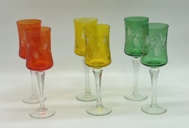 6 tolle Sektgläser Bleikristall Überfang Glas bunt 70er farbig Schliff #4000