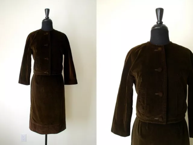 Vintage 1950s Womens Brown Velvet Skirt Suit XS S Blazer Jacket Pencil Skirt MCM