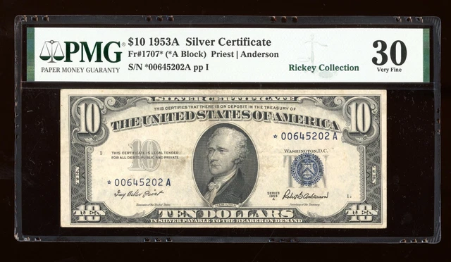 DBR 1953-A $10 Silver STAR Fr. 1707* PMG 30 Serial *00645202A