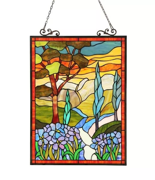 24" x 18" Tiffany style stained glass Garden landscape hanging window panel