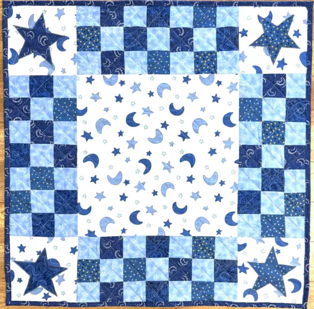 Baby Quilt Handmade New Boy's Blue Stars & Moon  38"x34" Patchwork Blanket