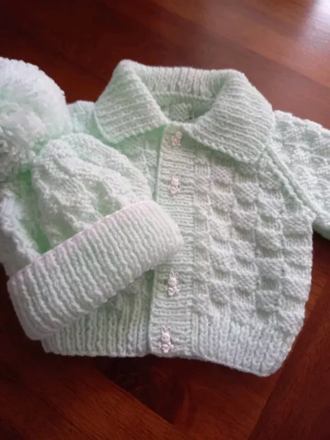 Hand Knitted Baby Cardigan & Hat Set LIGHT GREEN 0-3 months NEW