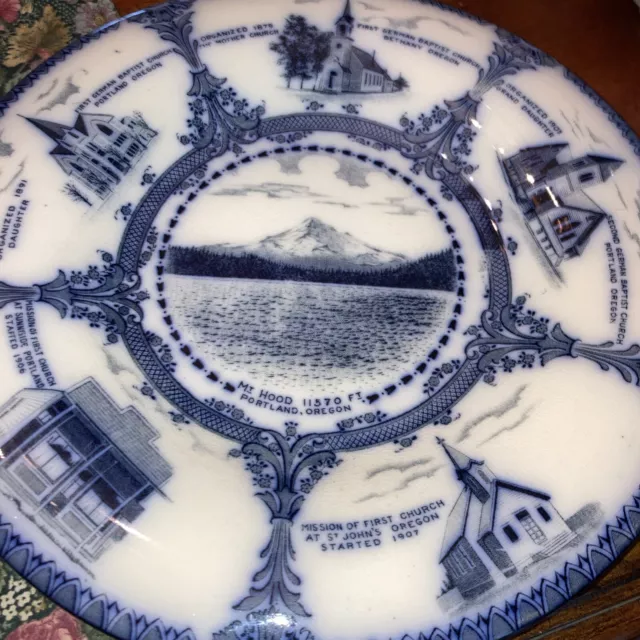 Flow Blue Antique Plate Mt. Hood, OREGON & Baptist Churches Made In Fenton, ENG