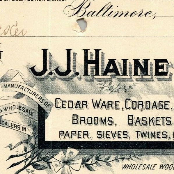 1896 Letterhead Billhead J.J. Haines Baskets Mats Baltimore Ephraim Baker*