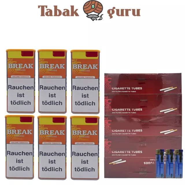 6 x Break Orange Tabak Inhalt 100g, Break Hülsen, Feuerzeuge