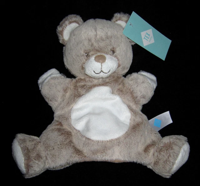 Doudou Peluche Marionnette Ours blanc marron chiné beige Tex Carrefour Nicotoy